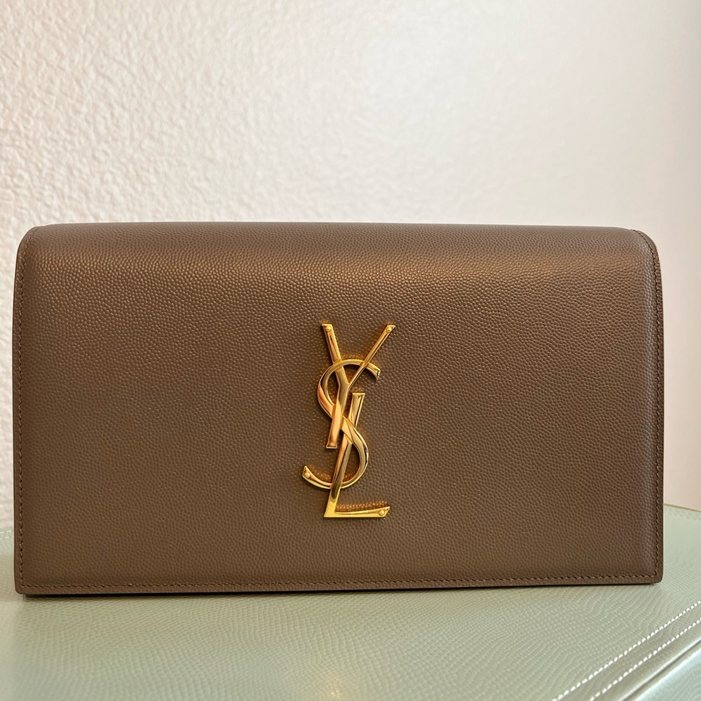 YSL Monogram Grained Calfskin Leather Clutch Fog Gray/Taupe Gold Hardware